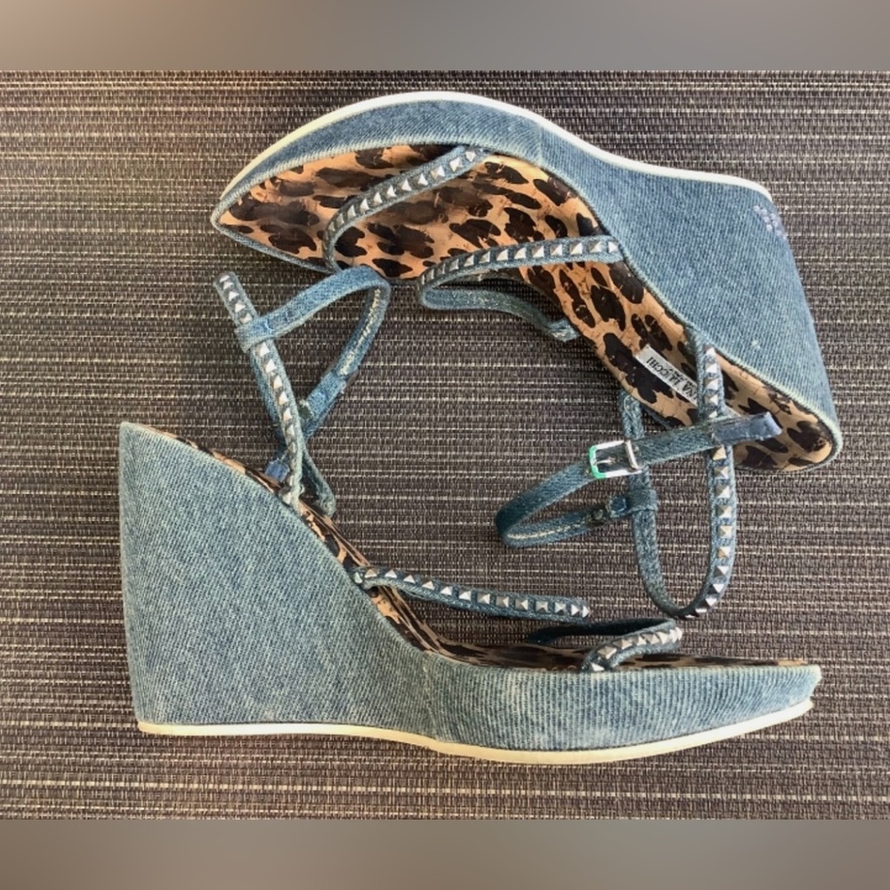 Caterina Lucchi Italy Studded Denim Cork Wedge Ankle Strap Sandals 6.5
